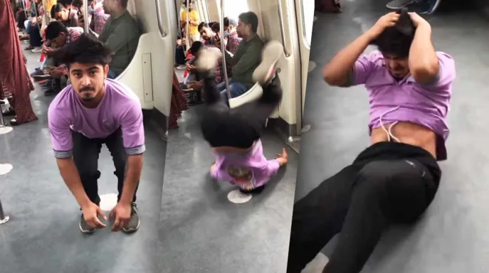 Guy Fell Hilariously while doing Somersault stunt in a busy delhi metro