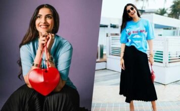 Sonam Kapoor Stuns in Blue Tee and Prada Pleated Skirt Ensemble Sonam Kapoor Stuns internet with blue tshirt and black skirt