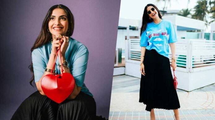 Sonam-Kapoor-Stuns-internet-with-blue-tshirt-and-black-skirt Sonam Kapoor Stuns internet with blue tshirt and black skirt
